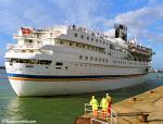 ID 1729 THE EMERALD (1958/26431grt/IMO 5312824, ex-REGENT RAINBOW, DIAMOND ISLAND, SANTA ROSA. Renamed EMERALD in 2012) under charter to Thomson Cruises, berths in Southampton, England.
